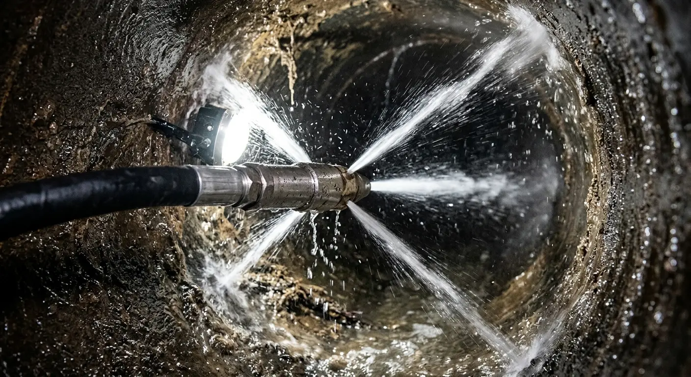 High-pressure hydro jetting nozzle cleaning sewer pipe for Sewer Line Relining in Pleasant View