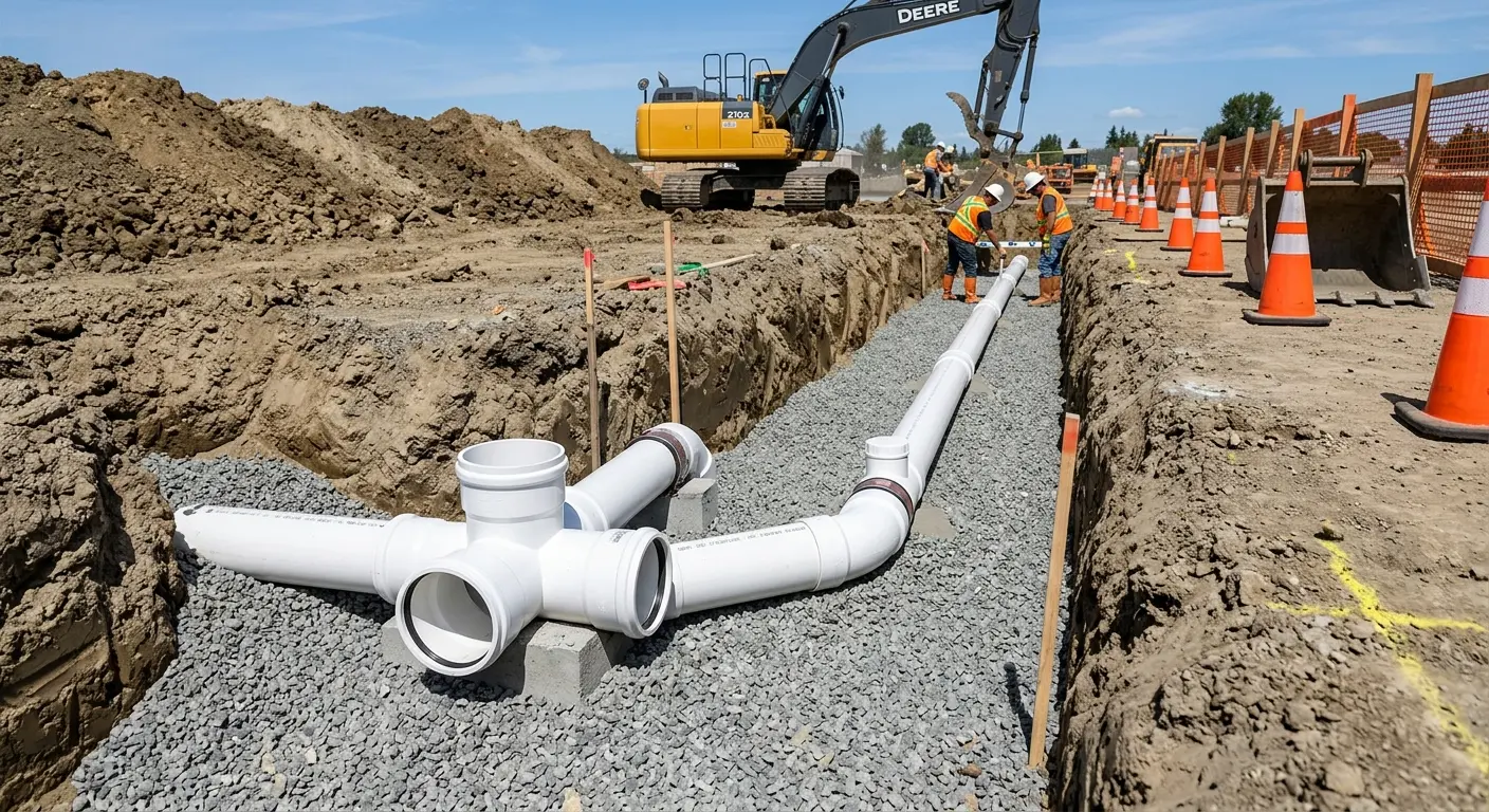 New PVC sewer pipe installation in open trench for Commercial Drain Cleaning in Pleasant View