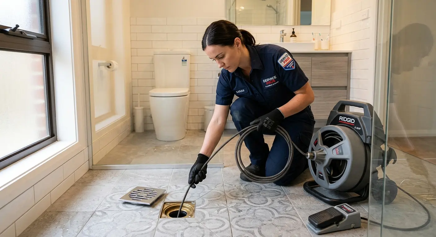 Technician clearing a bathroom floor drain for Drain Repair in Pleasant View